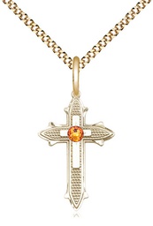 [6058GF-STN11/18G] 14kt Gold Filled Cross on Cross Pendant with a 3mm Topaz Swarovski stone on a 18 inch Gold Plate Light Curb chain