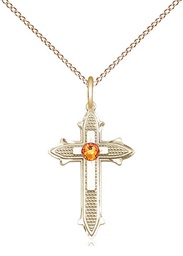 [6058GF-STN11/18GF] 14kt Gold Filled Cross on Cross Pendant with a 3mm Topaz Swarovski stone on a 18 inch Gold Filled Light Curb chain