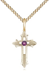 [6058GF-STN2/18G] 14kt Gold Filled Cross on Cross Pendant with a 3mm Amethyst Swarovski stone on a 18 inch Gold Plate Light Curb chain