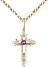 [6058GF-STN2/18G] 14kt Gold Filled Cross on Cross Pendant with a 3mm Amethyst Swarovski stone on a 18 inch Gold Plate Light Curb chain