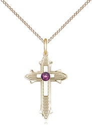 [6058GF-STN2/18GF] 14kt Gold Filled Cross on Cross Pendant with a 3mm Amethyst Swarovski stone on a 18 inch Gold Filled Light Curb chain