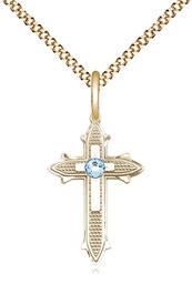 [6058GF-STN3/18G] 14kt Gold Filled Cross on Cross Pendant with a 3mm Aqua Swarovski stone on a 18 inch Gold Plate Light Curb chain