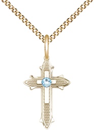 [6058GF-STN3/18G] 14kt Gold Filled Cross on Cross Pendant with a 3mm Aqua Swarovski stone on a 18 inch Gold Plate Light Curb chain