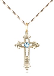 [6058GF-STN3/18GF] 14kt Gold Filled Cross on Cross Pendant with a 3mm Aqua Swarovski stone on a 18 inch Gold Filled Light Curb chain