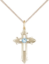 [6058GF-STN3/18GF] 14kt Gold Filled Cross on Cross Pendant with a 3mm Aqua Swarovski stone on a 18 inch Gold Filled Light Curb chain