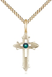 [6058GF-STN5/18G] 14kt Gold Filled Cross on Cross Pendant with a 3mm Emerald Swarovski stone on a 18 inch Gold Plate Light Curb chain