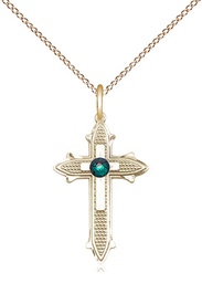 [6058GF-STN5/18GF] 14kt Gold Filled Cross on Cross Pendant with a 3mm Emerald Swarovski stone on a 18 inch Gold Filled Light Curb chain