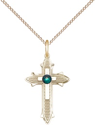 [6058GF-STN5/18GF] 14kt Gold Filled Cross on Cross Pendant with a 3mm Emerald Swarovski stone on a 18 inch Gold Filled Light Curb chain