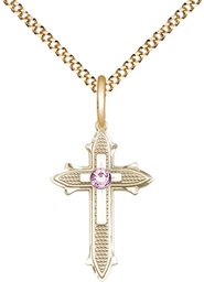 [6058GF-STN6/18G] 14kt Gold Filled Cross on Cross Pendant with a 3mm Light Amethyst Swarovski stone on a 18 inch Gold Plate Light Curb chain