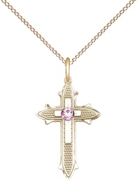 [6058GF-STN6/18GF] 14kt Gold Filled Cross on Cross Pendant with a 3mm Light Amethyst Swarovski stone on a 18 inch Gold Filled Light Curb chain