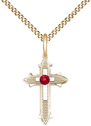 [6058GF-STN7/18G] 14kt Gold Filled Cross on Cross Pendant with a 3mm Ruby Swarovski stone on a 18 inch Gold Plate Light Curb chain