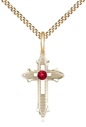 [6058GF-STN7/18G] 14kt Gold Filled Cross on Cross Pendant with a 3mm Ruby Swarovski stone on a 18 inch Gold Plate Light Curb chain