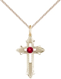 [6058GF-STN7/18GF] 14kt Gold Filled Cross on Cross Pendant with a 3mm Ruby Swarovski stone on a 18 inch Gold Filled Light Curb chain