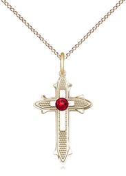 [6058GF-STN7/18GF] 14kt Gold Filled Cross on Cross Pendant with a 3mm Ruby Swarovski stone on a 18 inch Gold Filled Light Curb chain