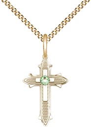 [6058GF-STN8/18G] 14kt Gold Filled Cross on Cross Pendant with a 3mm Peridot Swarovski stone on a 18 inch Gold Plate Light Curb chain