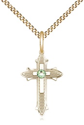 [6058GF-STN8/18G] 14kt Gold Filled Cross on Cross Pendant with a 3mm Peridot Swarovski stone on a 18 inch Gold Plate Light Curb chain