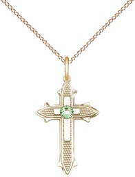 [6058GF-STN8/18GF] 14kt Gold Filled Cross on Cross Pendant with a 3mm Peridot Swarovski stone on a 18 inch Gold Filled Light Curb chain