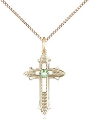 [6058GF-STN8/18GF] 14kt Gold Filled Cross on Cross Pendant with a 3mm Peridot Swarovski stone on a 18 inch Gold Filled Light Curb chain