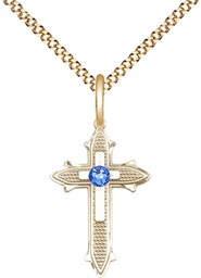 [6058GF-STN9/18G] 14kt Gold Filled Cross on Cross Pendant with a 3mm Sapphire Swarovski stone on a 18 inch Gold Plate Light Curb chain