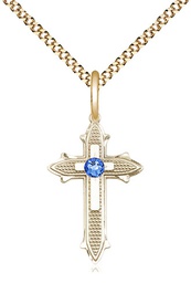 [6058GF-STN9/18G] 14kt Gold Filled Cross on Cross Pendant with a 3mm Sapphire Swarovski stone on a 18 inch Gold Plate Light Curb chain