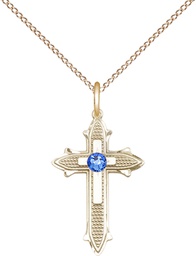 [6058GF-STN9/18GF] 14kt Gold Filled Cross on Cross Pendant with a 3mm Sapphire Swarovski stone on a 18 inch Gold Filled Light Curb chain