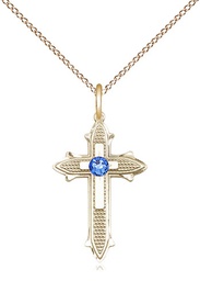 [6058GF-STN9/18GF] 14kt Gold Filled Cross on Cross Pendant with a 3mm Sapphire Swarovski stone on a 18 inch Gold Filled Light Curb chain