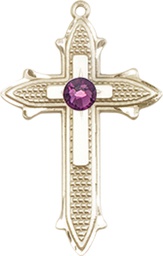 [6058KT-STN2] 14kt Gold Cross on Cross Medal with a 3mm Amethyst Swarovski stone