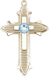 [6058KT-STN3] 14kt Gold Cross on Cross Medal with a 3mm Aqua Swarovski stone