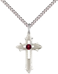 [6058SS-STN1/18S] Sterling Silver Cross on Cross Pendant with a 3mm Garnet Swarovski stone on a 18 inch Light Rhodium Light Curb chain