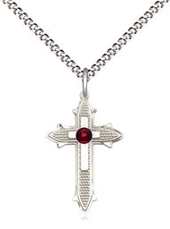 [6058SS-STN1/18S] Sterling Silver Cross on Cross Pendant with a 3mm Garnet Swarovski stone on a 18 inch Light Rhodium Light Curb chain