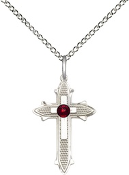 [6058SS-STN1/18SS] Sterling Silver Cross on Cross Pendant with a 3mm Garnet Swarovski stone on a 18 inch Sterling Silver Light Curb chain