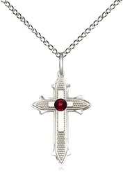 [6058SS-STN1/18SS] Sterling Silver Cross on Cross Pendant with a 3mm Garnet Swarovski stone on a 18 inch Sterling Silver Light Curb chain