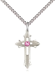 [6058SS-STN10/18S] Sterling Silver Cross on Cross Pendant with a 3mm Rose Swarovski stone on a 18 inch Light Rhodium Light Curb chain