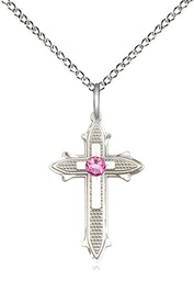 [6058SS-STN10/18SS] Sterling Silver Cross on Cross Pendant with a 3mm Rose Swarovski stone on a 18 inch Sterling Silver Light Curb chain