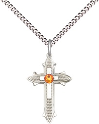 [6058SS-STN11/18S] Sterling Silver Cross on Cross Pendant with a 3mm Topaz Swarovski stone on a 18 inch Light Rhodium Light Curb chain
