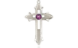 [6058SS-STN2] Sterling Silver Cross on Cross Medal with a 3mm Amethyst Swarovski stone