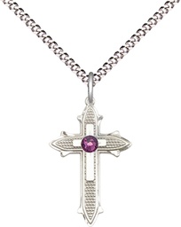 [6058SS-STN2/18S] Sterling Silver Cross on Cross Pendant with a 3mm Amethyst Swarovski stone on a 18 inch Light Rhodium Light Curb chain