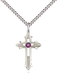 [6058SS-STN2/18S] Sterling Silver Cross on Cross Pendant with a 3mm Amethyst Swarovski stone on a 18 inch Light Rhodium Light Curb chain