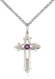 [6058SS-STN2/18SS] Sterling Silver Cross on Cross Pendant with a 3mm Amethyst Swarovski stone on a 18 inch Sterling Silver Light Curb chain