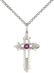 [6058SS-STN2/18SS] Sterling Silver Cross on Cross Pendant with a 3mm Amethyst Swarovski stone on a 18 inch Sterling Silver Light Curb chain