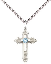 [6058SS-STN3/18S] Sterling Silver Cross on Cross Pendant with a 3mm Aqua Swarovski stone on a 18 inch Light Rhodium Light Curb chain