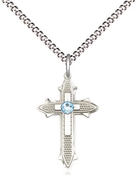 [6058SS-STN3/18S] Sterling Silver Cross on Cross Pendant with a 3mm Aqua Swarovski stone on a 18 inch Light Rhodium Light Curb chain