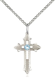 [6058SS-STN3/18SS] Sterling Silver Cross on Cross Pendant with a 3mm Aqua Swarovski stone on a 18 inch Sterling Silver Light Curb chain