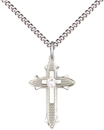 [6058SS-STN4/18S] Sterling Silver Cross on Cross Pendant with a 3mm Crystal Swarovski stone on a 18 inch Light Rhodium Light Curb chain