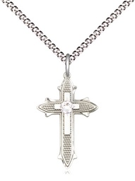 [6058SS-STN4/18S] Sterling Silver Cross on Cross Pendant with a 3mm Crystal Swarovski stone on a 18 inch Light Rhodium Light Curb chain