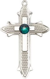 [6058SS-STN5] Sterling Silver Cross on Cross Medal with a 3mm Emerald Swarovski stone