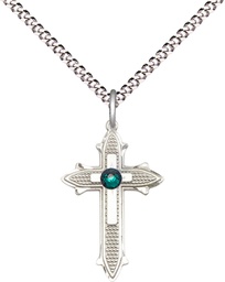 [6058SS-STN5/18S] Sterling Silver Cross on Cross Pendant with a 3mm Emerald Swarovski stone on a 18 inch Light Rhodium Light Curb chain