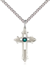 [6058SS-STN5/18S] Sterling Silver Cross on Cross Pendant with a 3mm Emerald Swarovski stone on a 18 inch Light Rhodium Light Curb chain