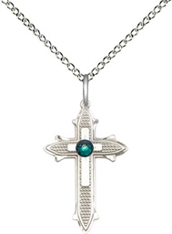 [6058SS-STN5/18SS] Sterling Silver Cross on Cross Pendant with a 3mm Emerald Swarovski stone on a 18 inch Sterling Silver Light Curb chain