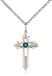 [6058SS-STN5/18SS] Sterling Silver Cross on Cross Pendant with a 3mm Emerald Swarovski stone on a 18 inch Sterling Silver Light Curb chain